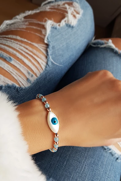 Sedef Mavi Quartz ve Hematit Taşlı Gümüş Bileklik ürün görseli 1