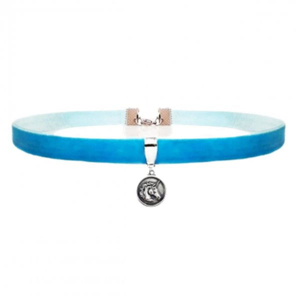 Mavi Renk Kadife Unicorn Choker Kolye ürün görseli 1