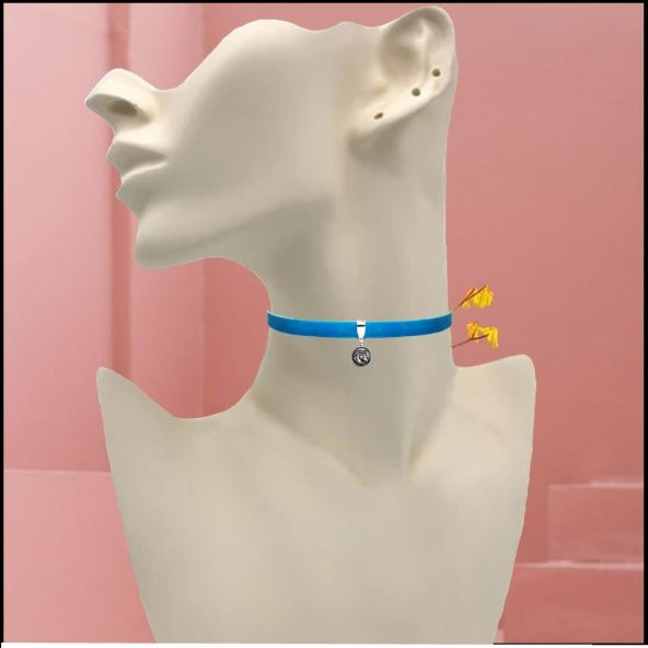 Mavi Renk Kadife Unicorn Choker Kolye - Resim 2
