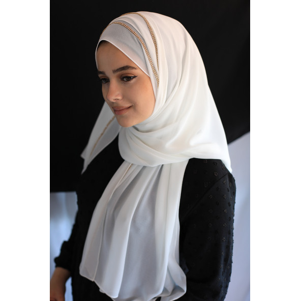 Abiye Şifon Şal Taşlı Beyaz - Resim 2