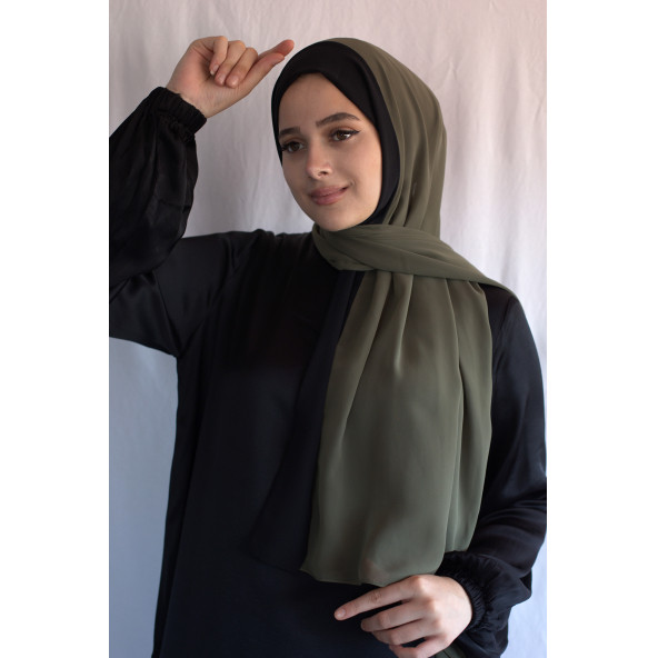 Bantlı Şifon Şal Haki Siyah ürün görseli 1