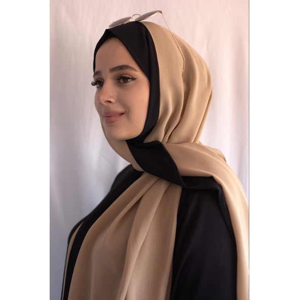 Bantlı Şifon Şal Camel Siyah ürün görseli 1