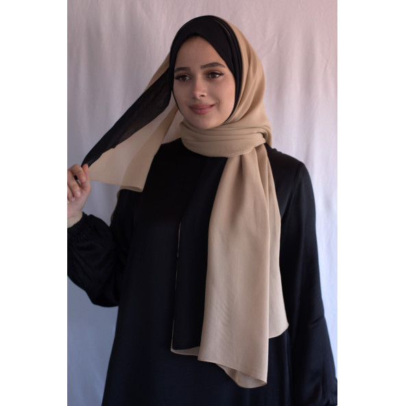 Bantlı Şifon Şal Camel Siyah - Resim 2