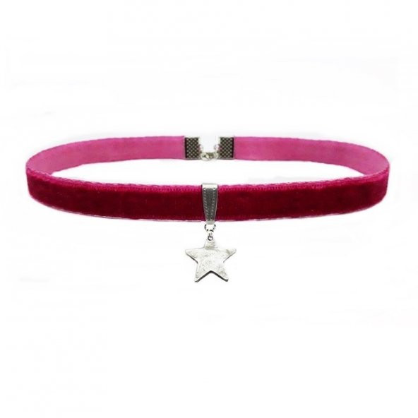 Fuşya Renk Kadife Kadın Yıldız Choker Kolye - Resim 2