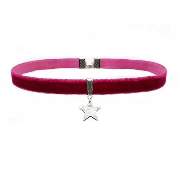Fuşya Renk Kadife Kadın Yıldız Choker Kolye - Resim 3