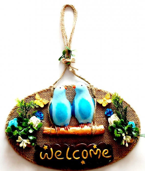 Mavi Kuşlu Çiçekli Welcome Yazılı Kapı Süsü ürün görseli 1