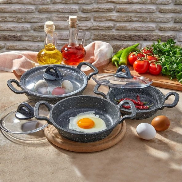 Eda Asya 3lü Cam Kapaklı Granit Döküm Sahan Seti  Gri ürün görseli 1