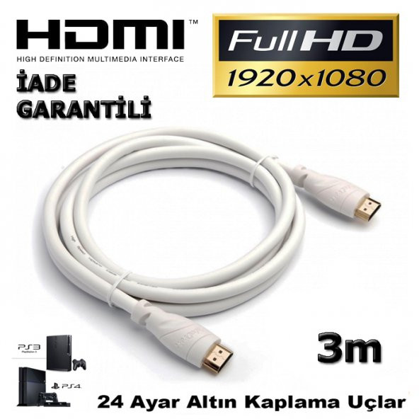 3M Metre Hdmi Kablo V1.4 2160P Full Hd Beyaz Lcd Pc Laptop Ps3 3D ürün görseli 1