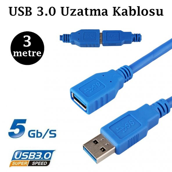 3 Metre Usb 3.0 Uzatma Kablosu Usb Erkek Dişi Uzatma Kablosu ürün görseli 1