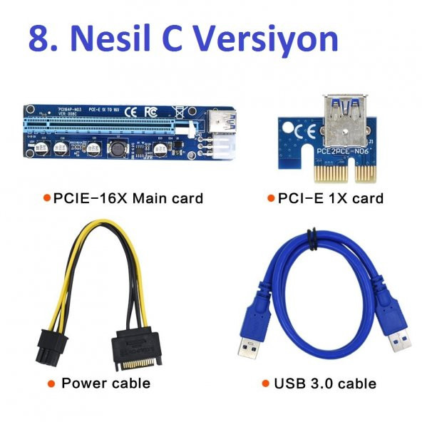 Pci-E 1X To 16X Usb 3.0 Riser Yükseltici Çevirici Kart V008C 8.C ürün görseli 1