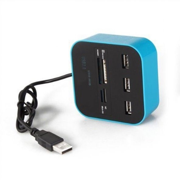 3 Port Usb 2.0 Hub Usb Çoklayıcı Usb Kart Okuyucu Mavi ürün görseli 1