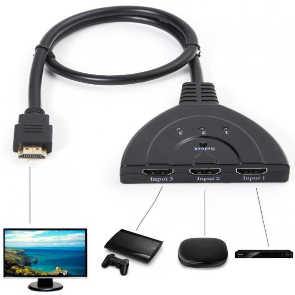 3 Port Kablolu Hdmi Switch Çoklayıcı Çoğaltıcı Splitter ürün görseli 1