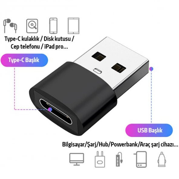 Usb To Type-C Dişi Çevirici Dönüştürücü Adaptör - Resim 4