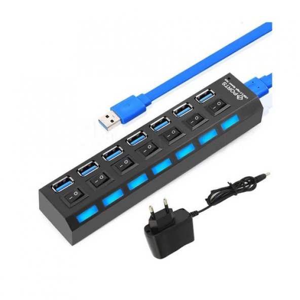 7 Port Usb 3.0 Çoklayıcı Hub Anahtarlı Işıklı Adaptörlü Ic Chipli (518992114) ürün görseli 1
