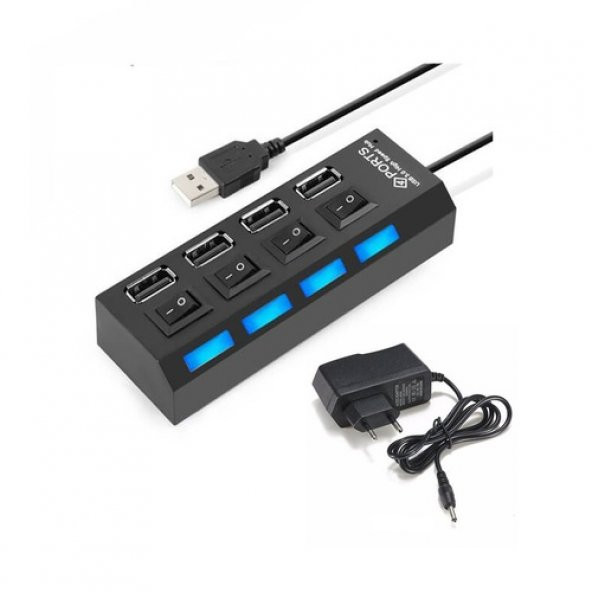 4 Port Usb 2.0 Çoklayıcı Hub Işıklı On Off Düğmeli Adaptörlü (518962659) ürün görseli 1