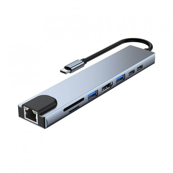 Type C To Hdmi Sd/ Tf 2 Usb 3.0 Usb-C Pd Ethernet 8 In 1 Adaptör ürün görseli 1