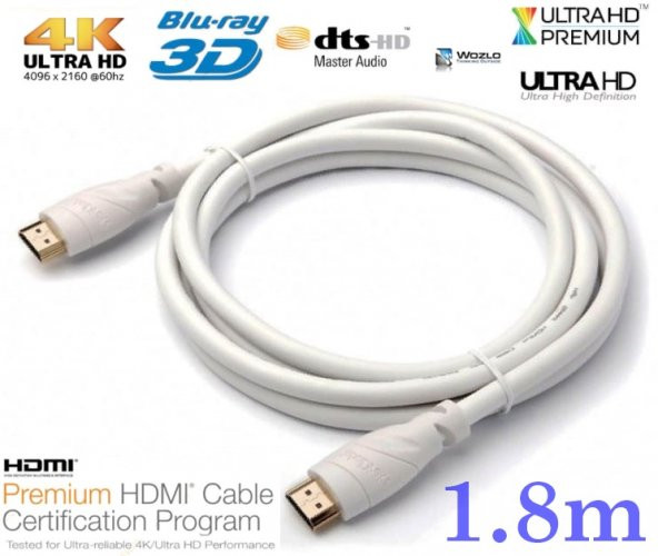 Hdmi Kablo 4K 1.8M Ultra Hd 4K 60Hz 2160P Yüksek Hız Kablo Beyaz ürün görseli 1