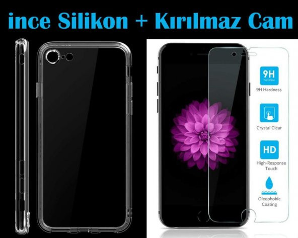 iPhone 7 8 SE Kılıf Tam Koruma Şeffaf Silikon Kılıf + Kırılmaz Cam ürün görseli 1