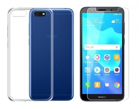 Huawei Honor 7S Y5 2018 Kılıf Şeffaf Silikon Kılıf + Kırılmaz Cam ürün görseli 1