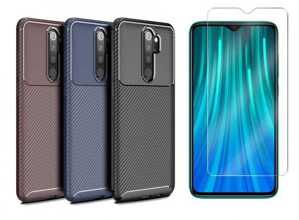 Xiaomi Redmi Note 8 Pro Kılıf Antişok Karbon Silikon Kapak + Cam ürün görseli 1
