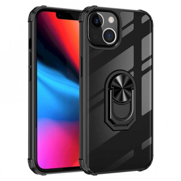Apple iPhone 13 Mini Kılıf Yüzüklü Arkası Şeffaf Antişok Silikon Kapak ürün görseli 1