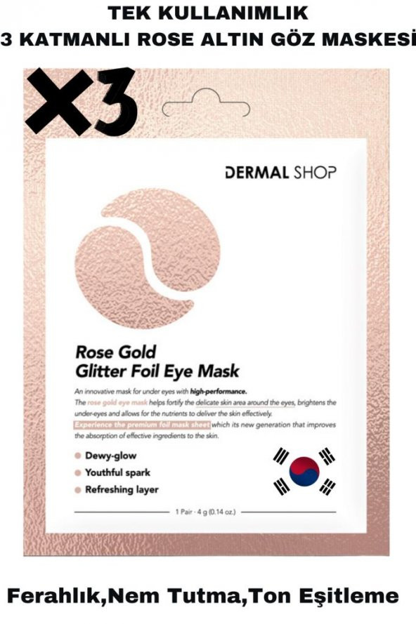 Dermal 3 ADET Tek Kullanımlık 3 Katmanlı Rose Altın Folyo Göz Maskesi ürün görseli 1