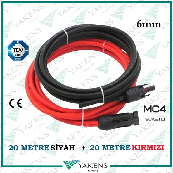 Mc4 Soketli Solar Kablo (20m+20m) 6mm Toplam 40 Metre Güneş Paneli Hazır Solar Kablo Seti Kırmızı Siyah ürün görseli 1