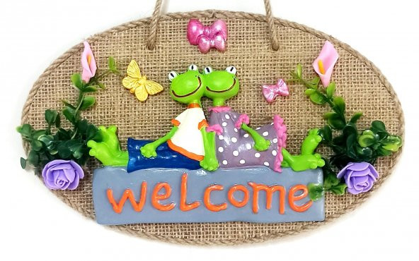 Yeşil Sevimli Kurbağa Çift Welcome Yazılı Kelebekli Kapı Süsü ürün görseli 1