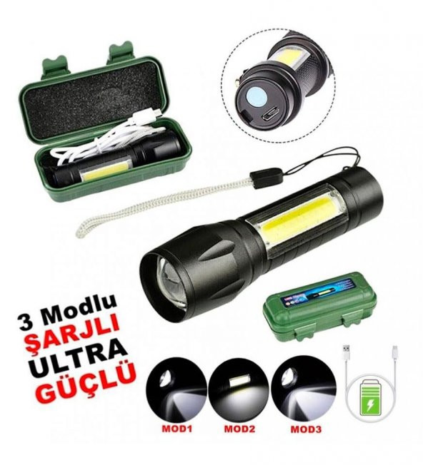 Flaşörlü Şarjlı Polis Led Mini El Feneri 3 Fonksiyonlu Zoomlu Mini El Feneri ürün görseli 1