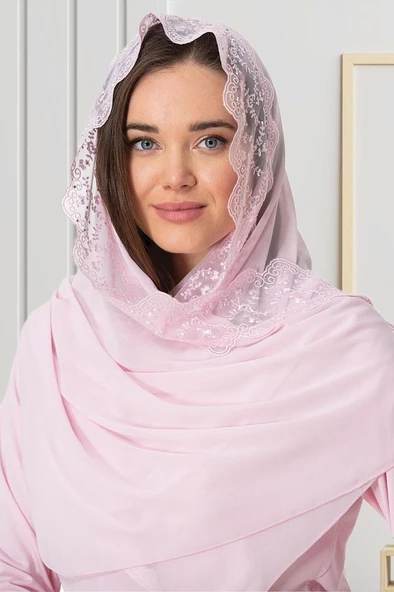 Mecit 0030 Bayan Taşlı Dantelli Şifon Şal Pembe - Resim 5