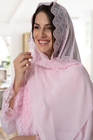 Mecit 0030 Bayan Taşlı Dantelli Şifon Şal Pembe ürün görseli 1