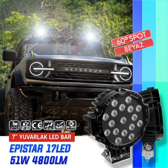 POINT MARKETING 7 Inc 17 Led Yuvarlak Offroad Lamba Siyah kasa 51w Beyaz ürün görseli 1