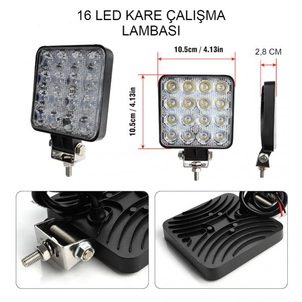 16 Led Off Road Kare Çalışma Lambası Sis Lambası Projektör Gündüz Farı 48 Watt ürün görseli 1