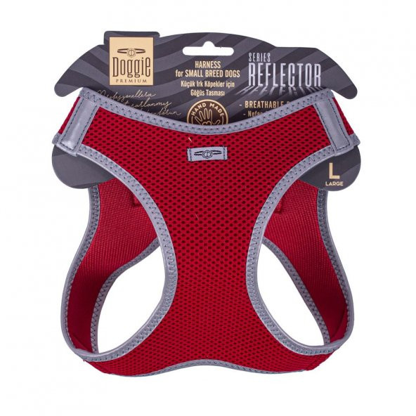 Doggie Havalı Dokuma Reflektör Serisi Küçük Irk Göğüs Tasması Kırmızı L-42-48Cm ürün görseli 1