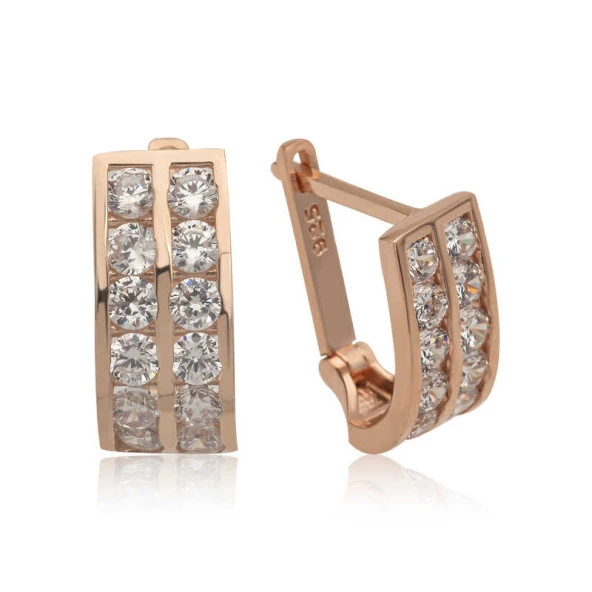 Gümüş Çift Sıra Beyaz Taşlı J Kadın Küpe ürün görseli 1