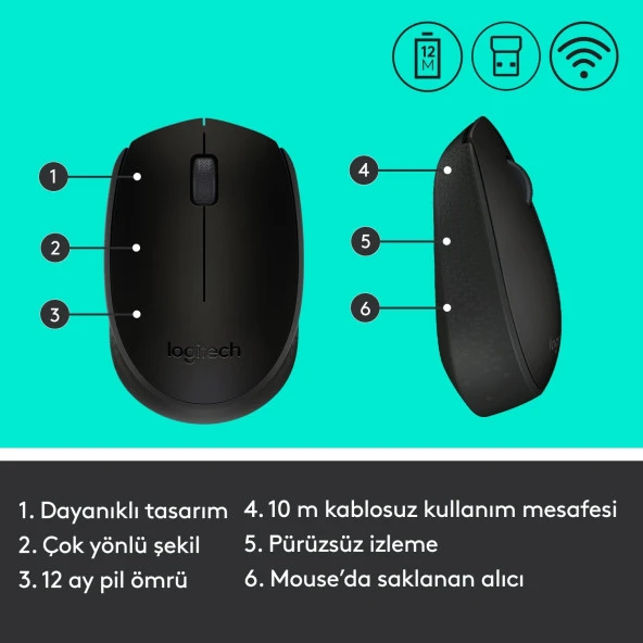 Logitech M171 USB Alıcılı Kablosuz Kompakt Mouse - Siyah - Resim 7