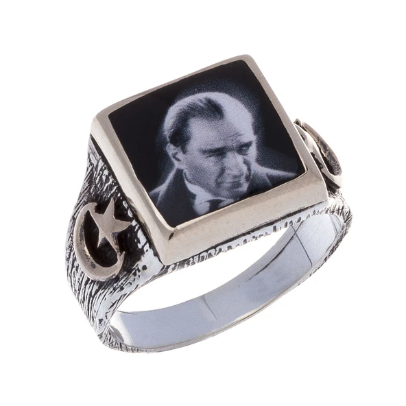 925 Ayar Gümüş Atatürk Resimli Ay-Yıldız Detaylı Yüzük ürün görseli 1