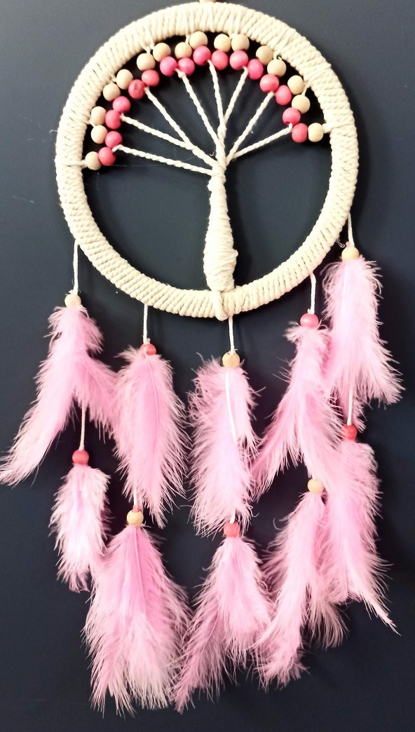 Pembe Kuş Tüylü Hayat Ağacı Dream Catcher Duvar Süsü ürün görseli 1