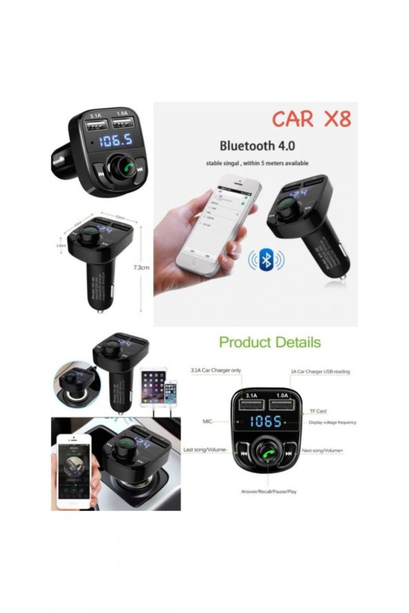Carx8 Bluetooth Araç Kiti Fm Transmitter Micro Sd Usb Girişli - Resim 2