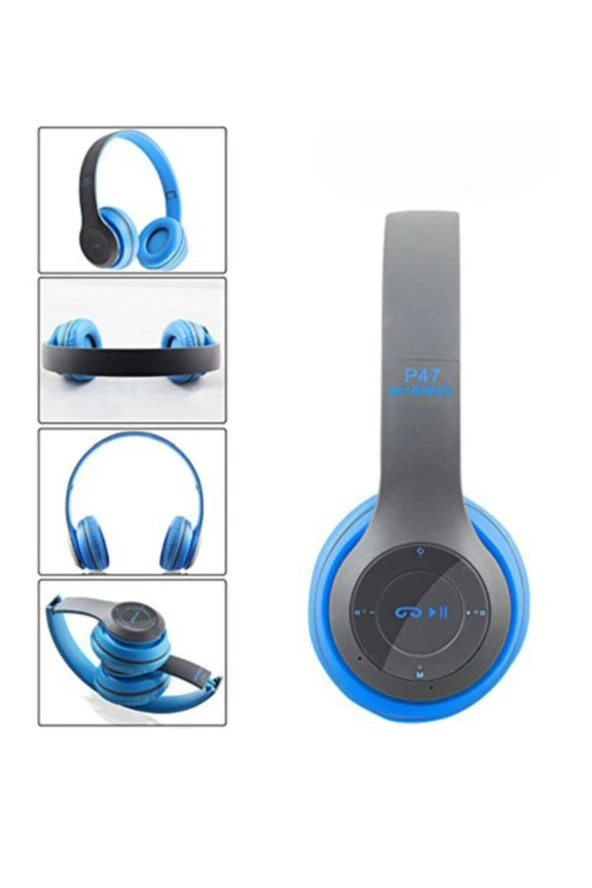 Bluetooth 5.0 Wireless Mavi Fm Stero Radyo Mp3 Player P47 Kulaklık ürün görseli 1