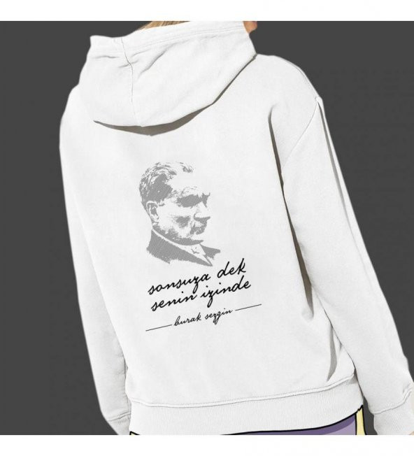 Kişiye Özel Atatürk Baskılı Kapşonlu Beyaz Unisex Sweatshirt HK2292 ürün görseli 1