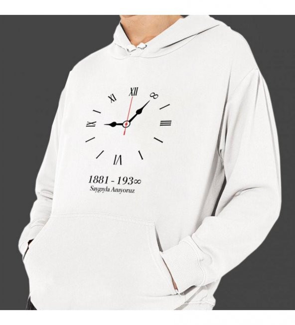Atatürk 10 Kasım Özel Baskılı Kapşonlu Beyaz Unisex Sweatshirt HK2291 ürün görseli 1