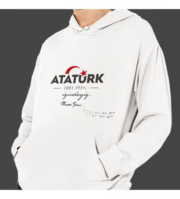 Kişiye Özel Atatürk ve Bayrak Baskılı Kapşonlu Beyaz Unisex Sweatshirt HK2293 ürün görseli 1