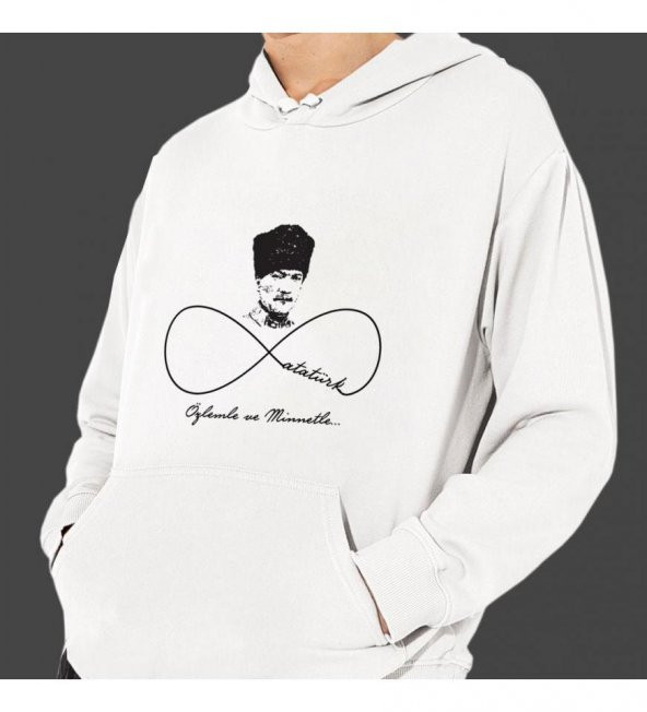 Atatürk Sonsuza Dek Baskılı Kapşonlu Beyaz Unisex Sweatshirt HK2297 ürün görseli 1