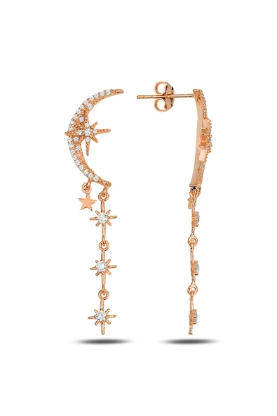 Gümüş rose zirkon taşlı tasarım ay , kutup yıldızı sallantılı küpe SGTL11915ROSE ürün görseli 1