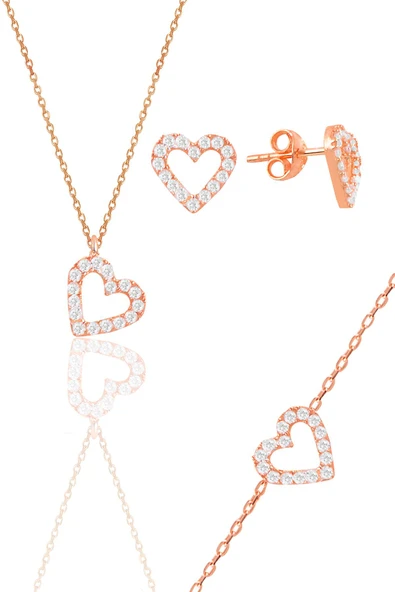 Gümüş rose zirkon taşlı kalp kolye,bileklik ve küpe üçlü set SGTL11885ROSE ürün görseli 1