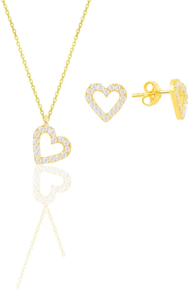 Gümüş altın yaldızlı zirkon taşlı kalp kolye ve küpe ikili set SGTL11884GOLD ürün görseli 1