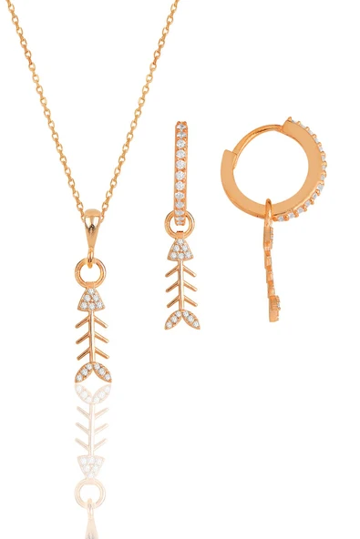 Gümüş rose zirkon taşlı balık kılçığı modeli kolye ve küpe ikili set SGTL11879ROSE ürün görseli 1