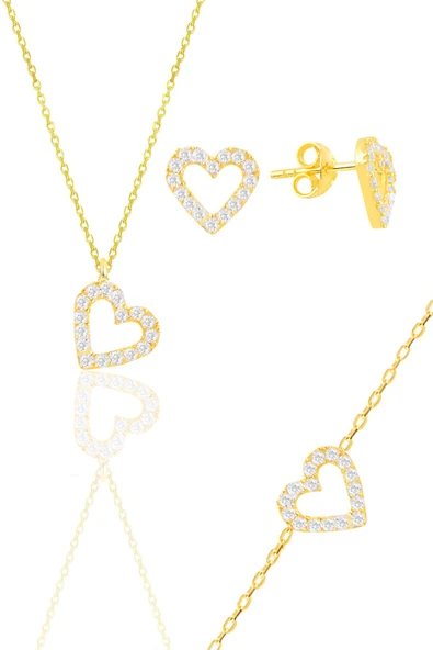 Gümüş altın yaldızlı zirkon taşlı kalp kolye,bileklik ve küpe üçlü set SGTL11885GOLD ürün görseli 1