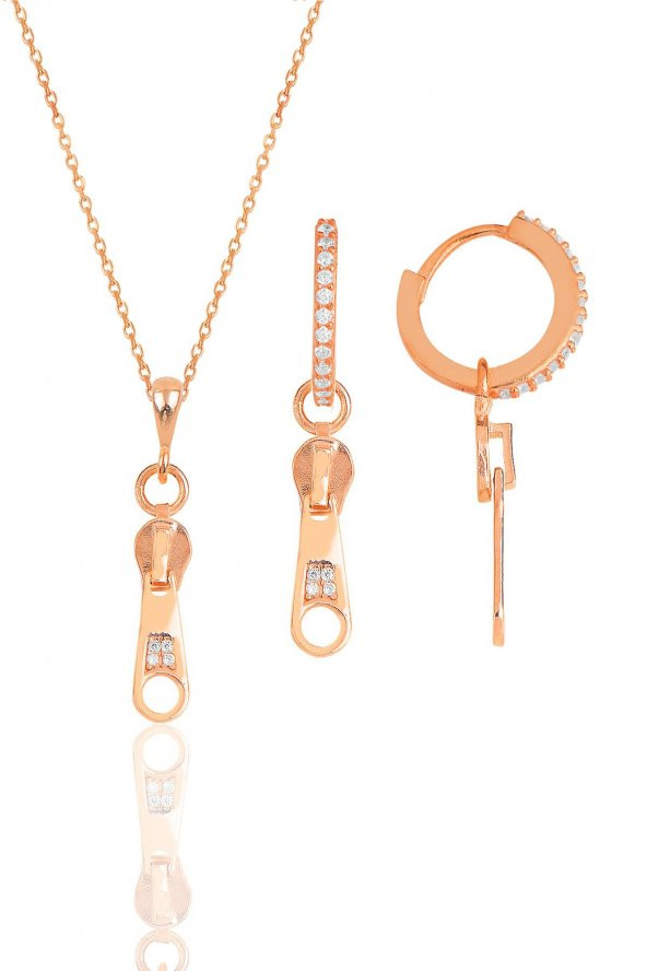 Gümüş rose zirkon taşlı fermuar kolye ve küpe ikili set ürün görseli 1